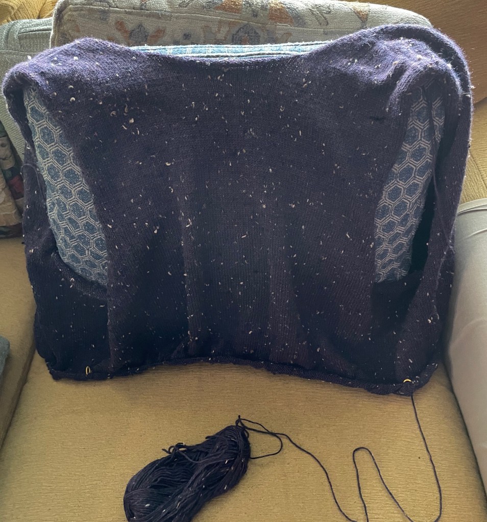 The same subject and background, only the back view of the cardigan is displayed and the arm holes are apparent.