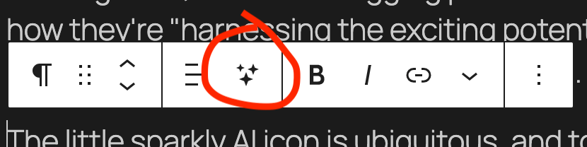 A formatting toolbar including a paragraph formatting icon, an AI icon in the shape of a sparkle, options to bold or italicize text, and an icon to add a link. The AI sparkle is circled in red.