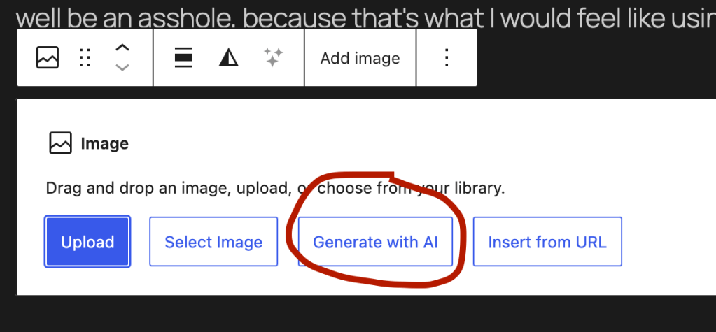 An image upload menu. The options read: Upload, Select Image, Generate with AI, and Insert from URL. Generate with AI is circled in red.