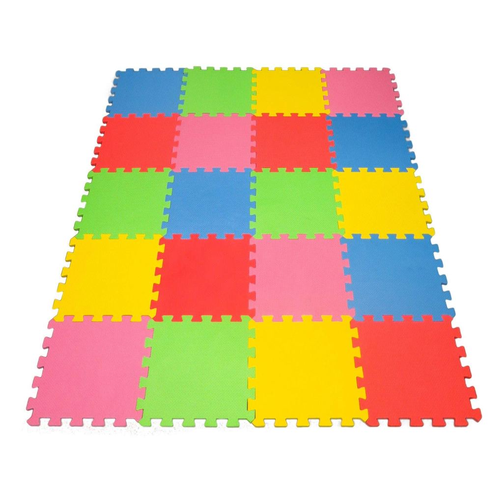 A play mat consisting of 20 foam tiles lies on a white background. The tiles are red, blue, yellow, pink, and green.